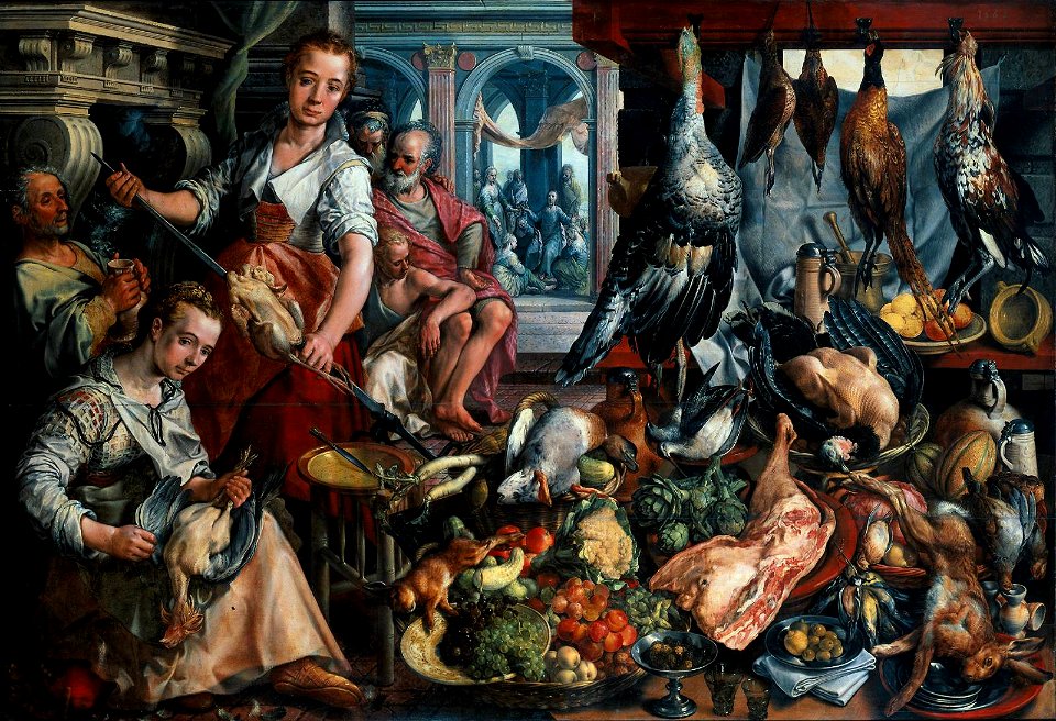 Bueckelaer, Joachim - Well-Stocked Kitchen, and Jesus in the house of Martha and Mary in the background, the