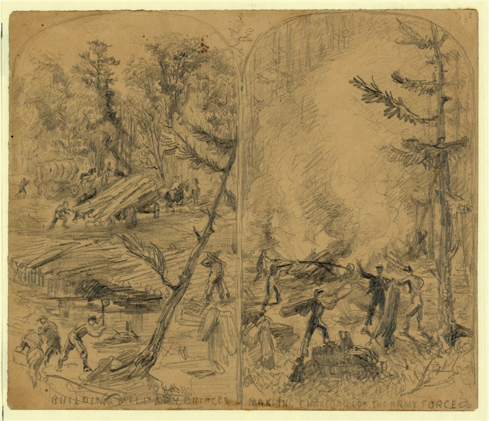Building military bridges. Making charcoal for the army force LCCN2004660081