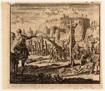 Buiten de muren van Jeruzalem laat Titus gevangen Joden aan kruisen slaan, objectnr A 47895