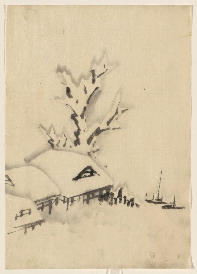 Buildings and large tree on the waterfront, with two boats anchored offshore LCCN2009631946