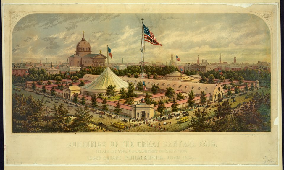 Buildings of the Great Central Fair, in aid of the U.S. Sanitary Commission, Logan Square, Philadelphia, June 1864 - drawn from nature & on stone by James Queen ; printed in oil colors by LCCN2012645623