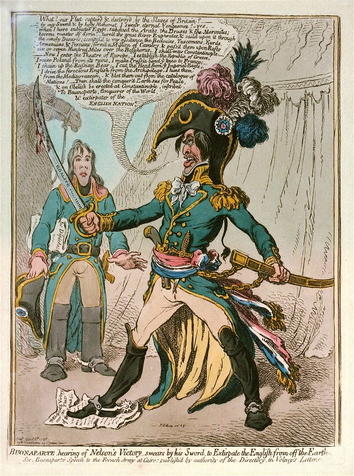 Buonaparte hearing of Nelson's Victory swears by his sword to Extirpate the English from off the Earth (caricature) RMG PW3976