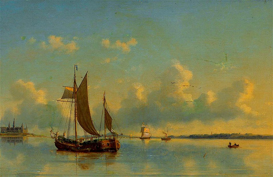 Carl Buntzen - Med udsigt over bugten Charlottenburg Palace og sejlskibe på stille vand på en sommerdag