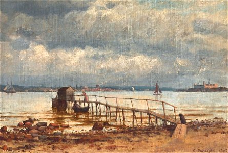 Carl Buntzen - Personer og hund ved en bådebro nord for Helsingør med udsigt til Kronborg og Helsingborg - 1885