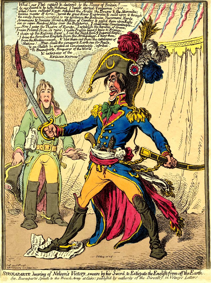 Buonaparte, hearing of Nelson's victory, swears by his sword, to extirpate the English from the earth. (BM 1851,0901.952)