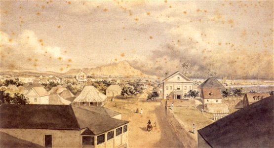 George Henry Burgess - 'Queen Street, Honolulu', watercolor over graphite painting, 1856, Honolulu Academy of Arts