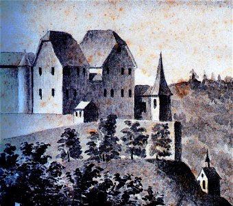 Burg Leofels (Ruppertshofen (Ilshofen)), erbaut vor 1250, erweitert 15. Jhdt. unter den Herren von Vellberg, Ansicht von 1806