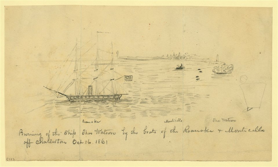 Burning of the Ship Thos. Watson by the boats of the Roanoke & Monticello off Charleston Oct. 16, 1861 LCCN2004661176