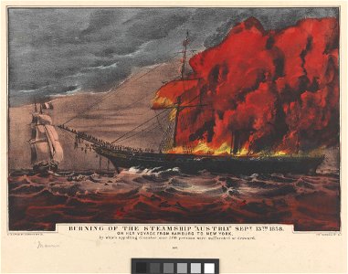 Burning of the Steamship Austria Sept 13th 1858 on her voyage from Hamburg to New York RMG PY0298. Free illustration for personal and commercial use.