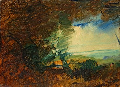 Wilhelm Busch - Waldrand mit dickem Baum und Rotjacke