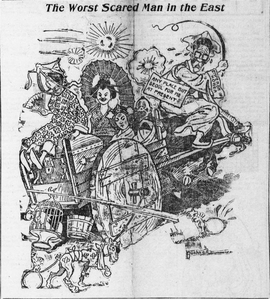 Bushnell cartoon about the Emperor of Korea fleeing the Russo-Japanese War