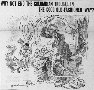 Bushnell cartoon about American interference in the Colombian-Panamanian dispute (January 5 1904). Free illustration for personal and commercial use.