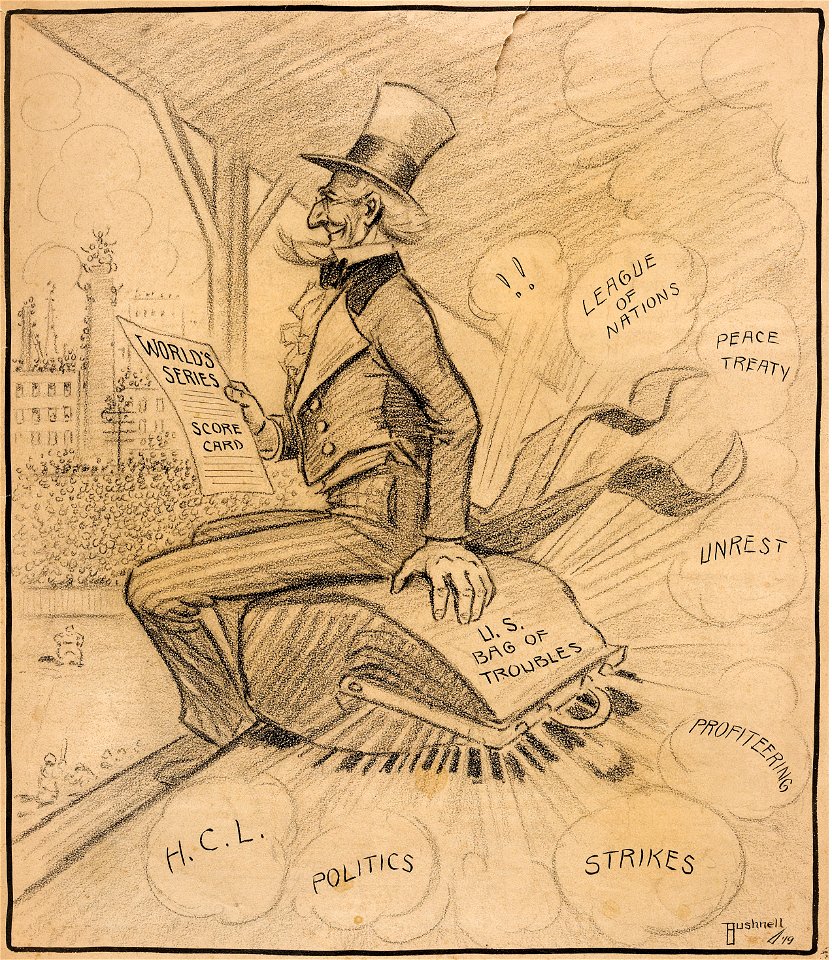 Bushnell cartoon about Uncle Sam ignoring problems for baseball