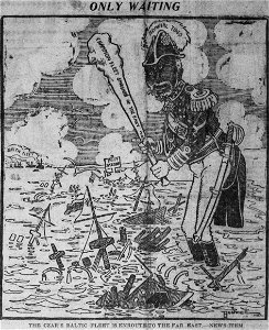 Bushnell cartoon about the Japanese victory over the Russian fleet at Port Arthur. Free illustration for personal and commercial use.
