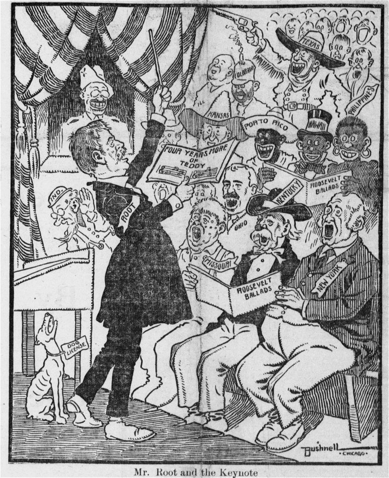 Bushnell cartoon about Elihu Root giving the keynote address at the 1904 Republican National Convention