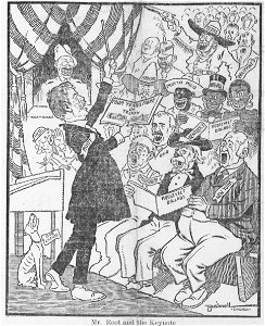Bushnell cartoon about Elihu Root giving the keynote address at the 1904 Republican National Convention. Free illustration for personal and commercial use.