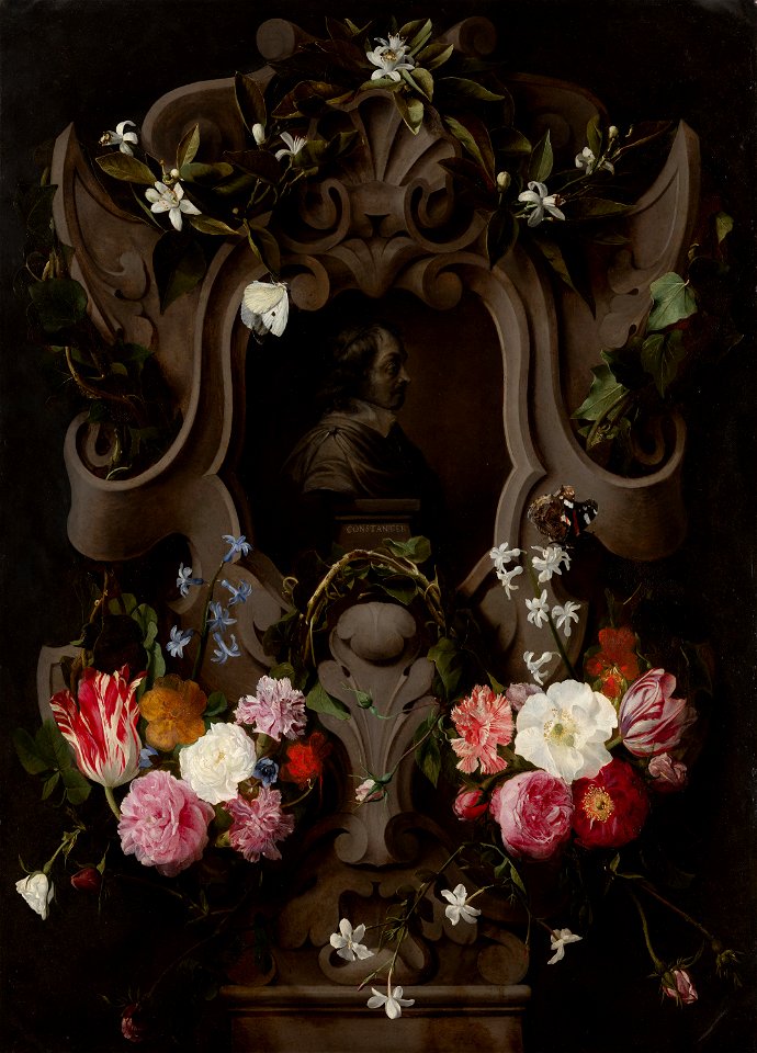 Bust of Constantijn Huygens Surrounded by a Garland of Flowers by Daniël Seghers and Jan Cossiers Mauritshuis 1216