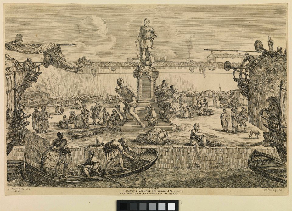 Busy wharf scene with monument in the port of Leghorn RMG PW7424