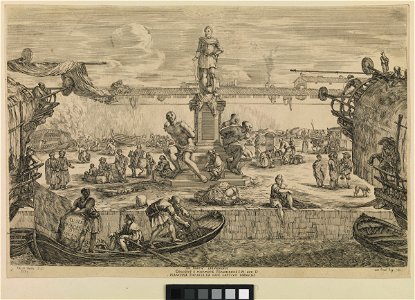 Busy wharf scene with monument in the port of Leghorn RMG PW7424