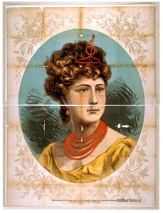 Bust view of woman wearing treble clef headpiece, yellow dress, and red necklace LCCN2014637338