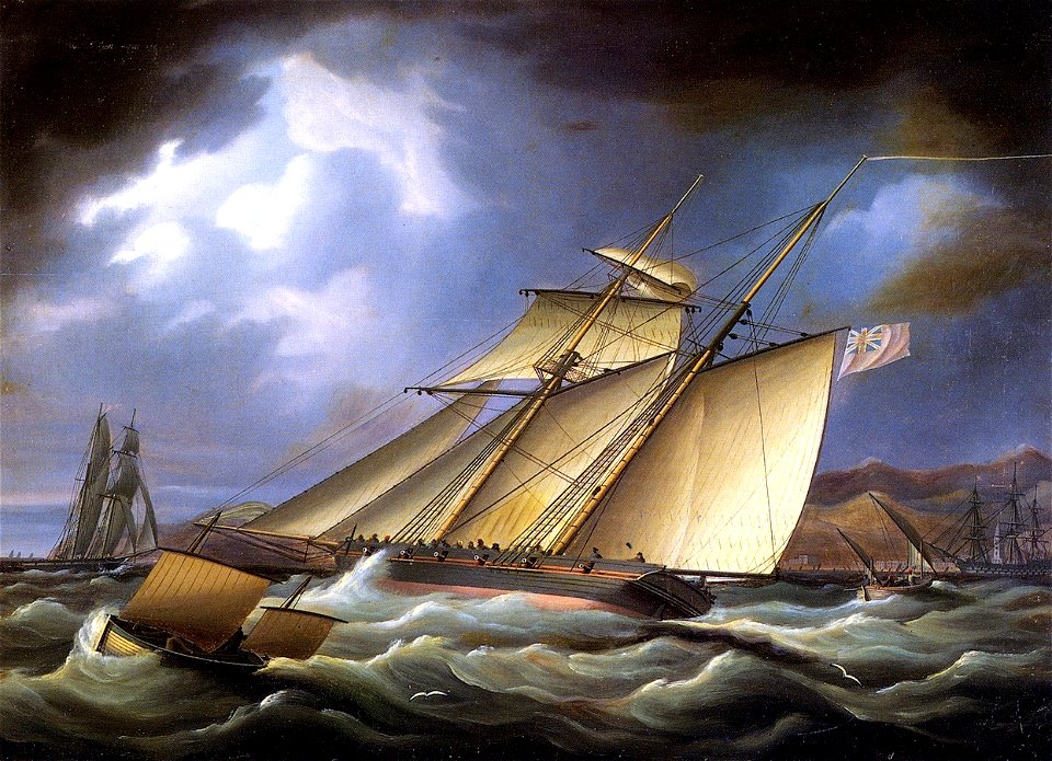 Thomas Buttersworth - An Armed Topsail Schooner in Stormy Weather