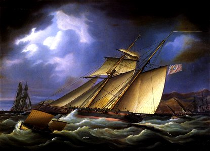 Thomas Buttersworth - An Armed Topsail Schooner in Stormy Weather. Free illustration for personal and commercial use.