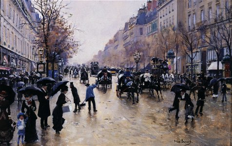 Béraud - Le boulevard Poissonière sous la pluie, Vers 1880. Free illustration for personal and commercial use.