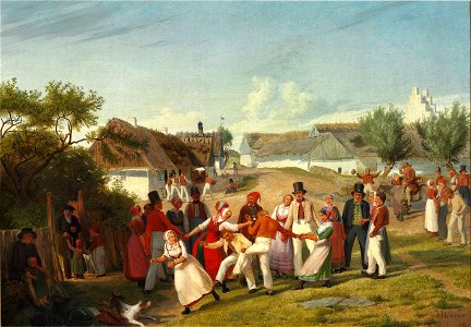Bönderkarle og piger fra hedeegnen imellem Kjöge og Roeskilde samles til lystighed under aaben himmel en helligdags eftermiddag (1847)