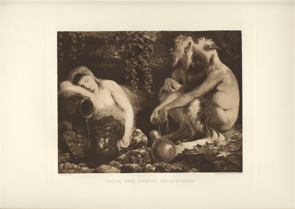 Böcklin-Mappe 1901 Faune, eine Nymphe belauschend