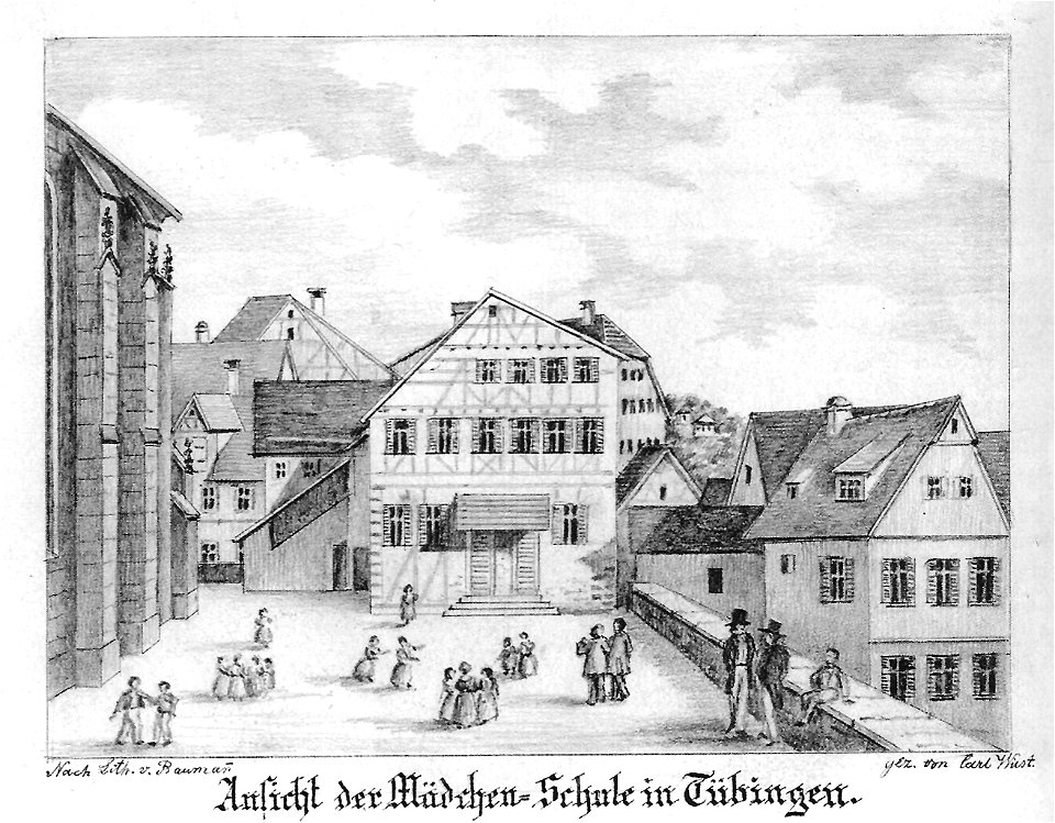 C Wüst nach CF Baumann - Ansicht der Mädchen-Schule in Tübingen Bleistiftzeichn 1864 Inv208 (SW230)