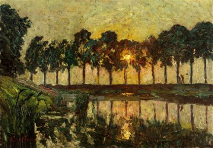 Emile Claus - Trees by a lake, Sunset (1883)