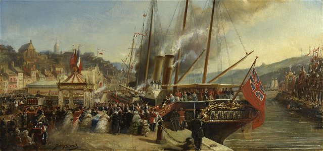 Claudius Jacquand (1804-78) - Queen Victoria and Prince Albert, The Prince Consort, landing at Boulogne, 18 August 1855 - RCIN 405847 - Royal Collection