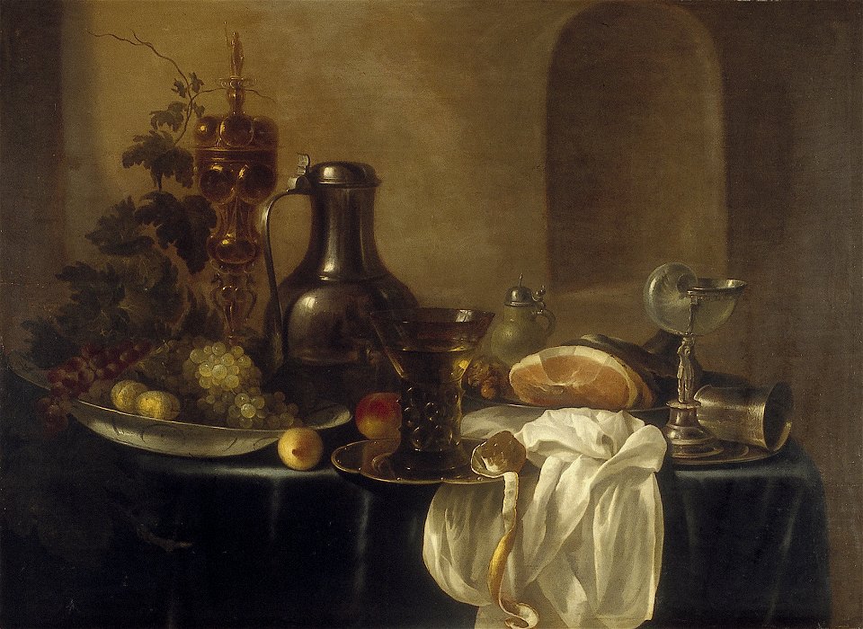 C. Cruys - Stilleven verguld zilveren bokaal, nautilusschelp beker en tinnen kan - NK2220 - Cultural Heritage Agency of the Netherlands Art Collection