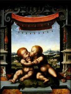 Joos van Cleve - The Infants Christ and Saint John the Baptist Embracing - WGA5040. Free illustration for personal and commercial use.