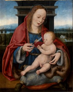 Joos van Cleve - The Virgin with the Infant Christ drinking Wine (Szépművészeti Múzeum). Free illustration for personal and commercial use.