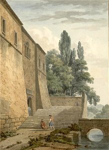 Clerisseau--Staircase of Castel Gandolfo near Rome--watercolor--albertina--vienna. Free illustration for personal and commercial use.