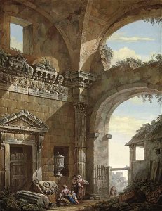 Clerisseau--architectural capriccio with peasants--1773--christies. Free illustration for personal and commercial use.