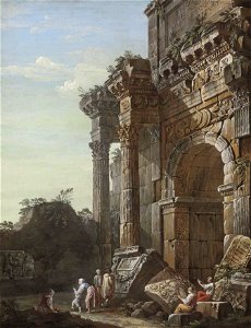 Clerisseau--architectural capriccio with peasants--1774--christies. Free illustration for personal and commercial use.