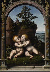 Joos van Cleve - The infant Christ and Saint John the Baptist. Free illustration for personal and commercial use.