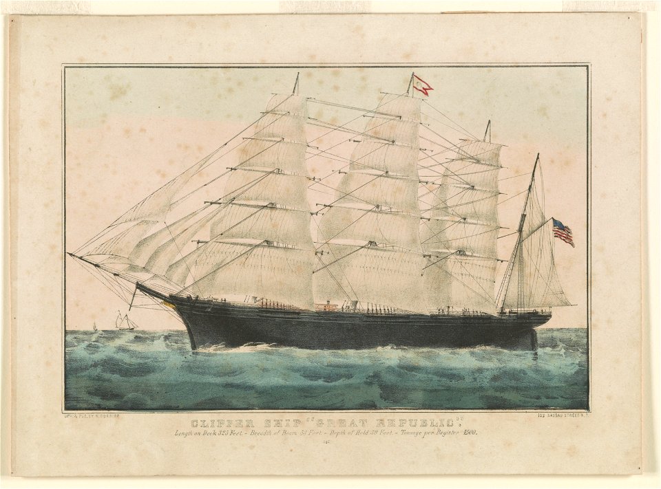 Clipper ship Great Republic- Length on deck 325 feet.-Breadth of beam 53 feet.-Depth of hold 39 feet.-Tonnage per register 4500 LCCN90716149
