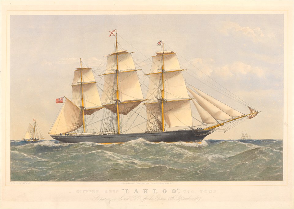 Clipper Ship Lahloo, 799 Tons, Preparing to land Pilot off the Owers 19th September 1867 RMG PY8578