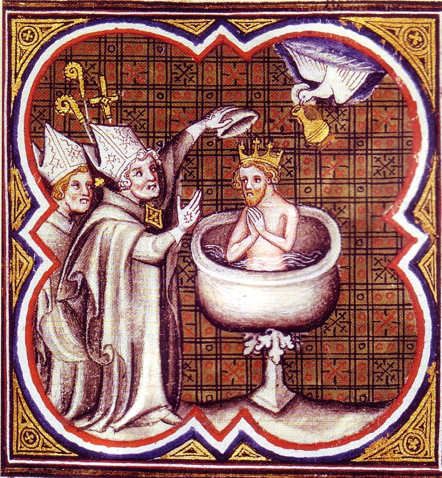 Clovis riceve dalla colomba (spirito santo) la santa crema