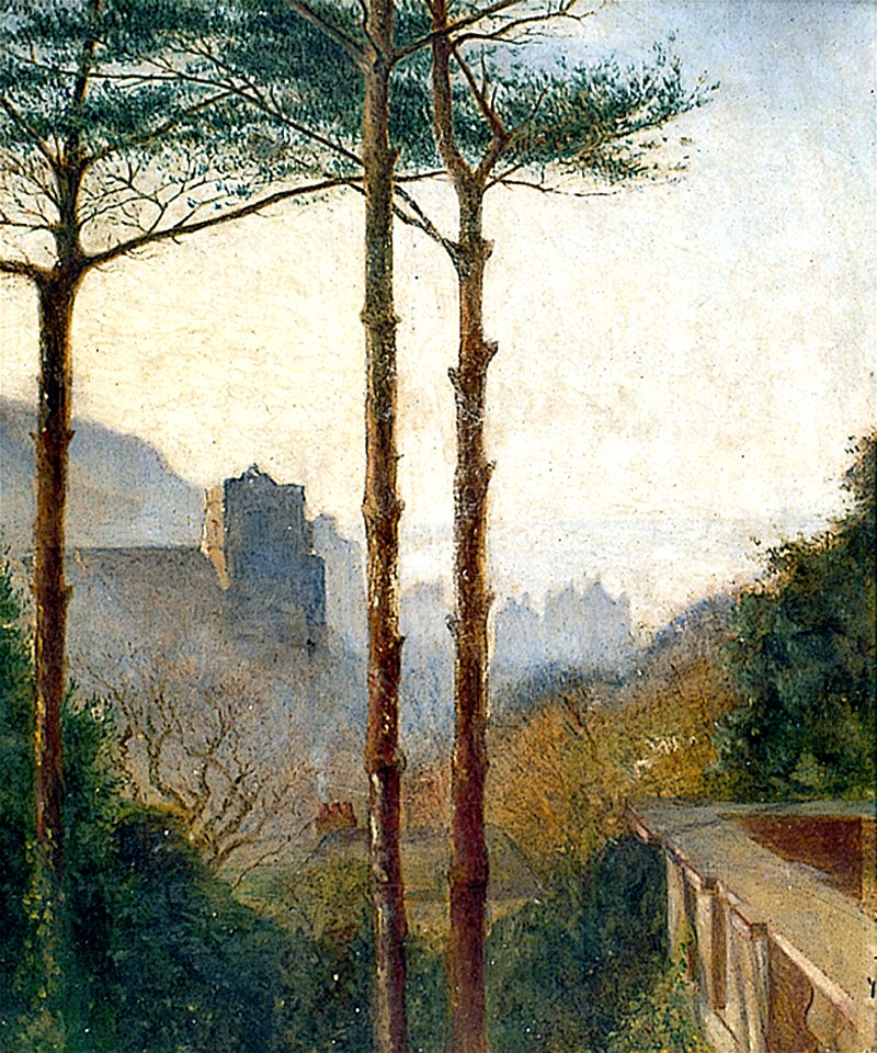 Clover - Landscape with church and houses, pines in foreground