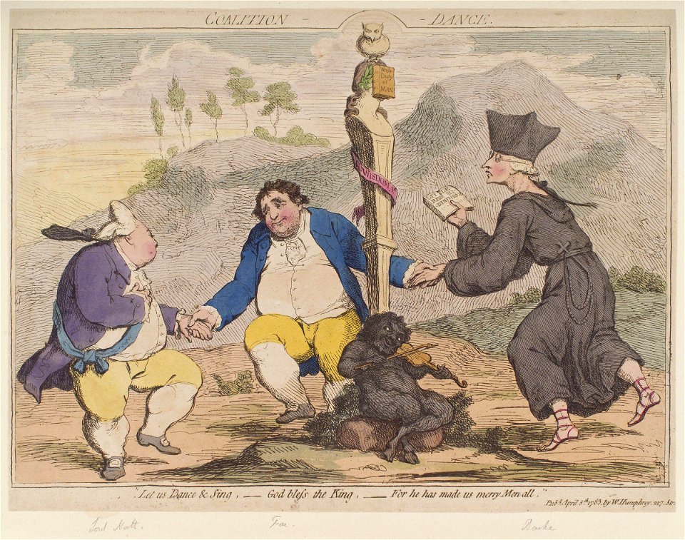 Coalition dance' (Frederick North, 2nd Earl of Guilford; Charles James Fox; Edmund Burke) by James Gillray