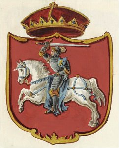 Coat of arms of the Grand Duchy of Lithuania Vytis (Waikymas) with the Double Cross of the Jagiellonian dynasty, painted in 1875. Free illustration for personal and commercial use.