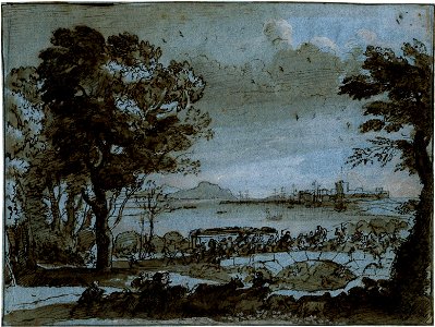 Coast scene with a battle on a bridge by Claude Lorrain