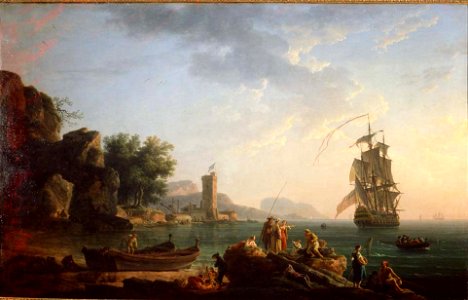 Coast scene with British man of war by Vernet