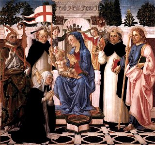 Biagio d'antonio, Virgin and Child Enthroned with Five Saints and Two Angels. Free illustration for personal and commercial use.