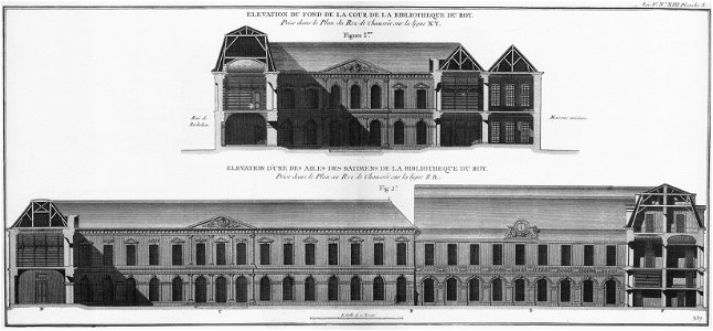 Bibliothèque du Roi - Élévations du fond de la cour et d'une des aisles - Architecture françoise Tome3 Livre5 Ch13 Pl3