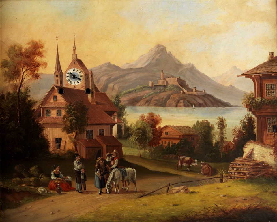 Biedermeier-Bilderuhr Landschaft mit See